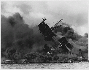 The USS Arizona going down at Pearl Harbor