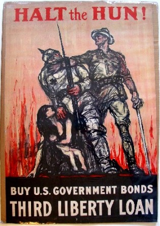 Propaganda to make us hate those whom the Zionists wish us to war against did not begin with Iraq: a poster from WW1, illustrating the common but utterly false characterization of Germans as so-called Huns threatening women