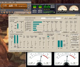 A screen shot showing the free crossfading and audio processing plugins in use. The meters shown are separate software used for comparison of input and output levels.